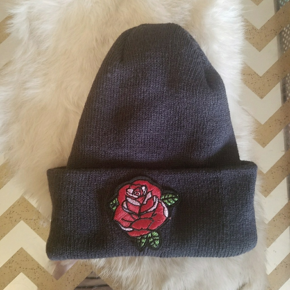 Charcoal grey rose patch beanie